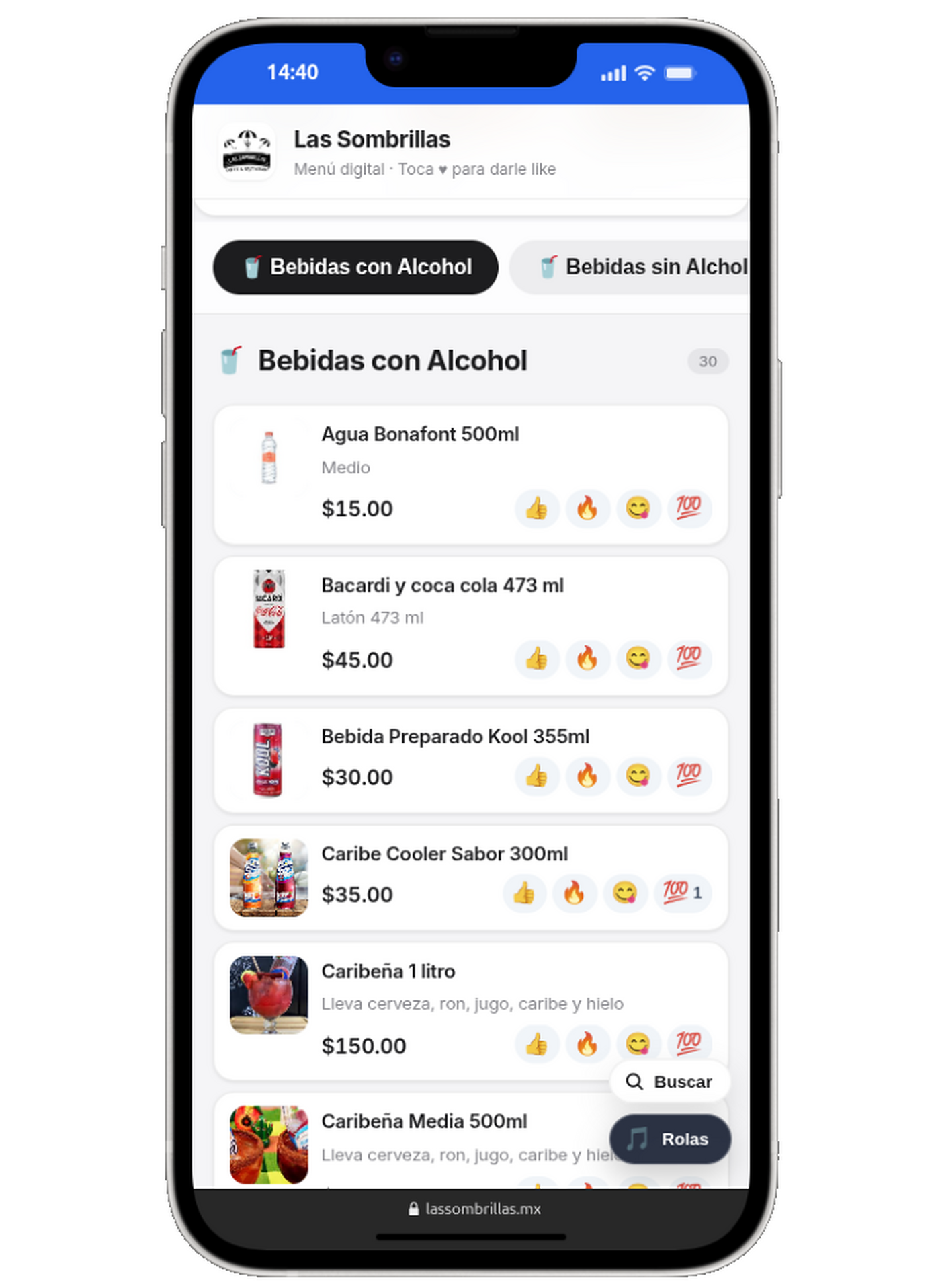 Menú digital con categorías y reacciones de clientes