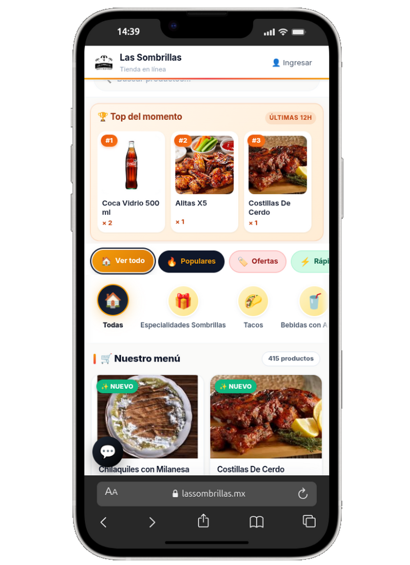Tienda online del restaurante con top productos y categorías